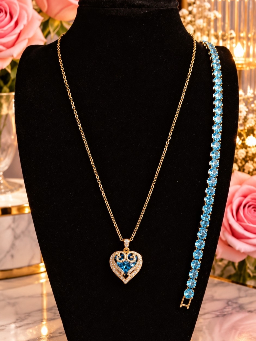 Gold Heart Pendant Necklace with Blue Crystal Accent And Bracelet Set
